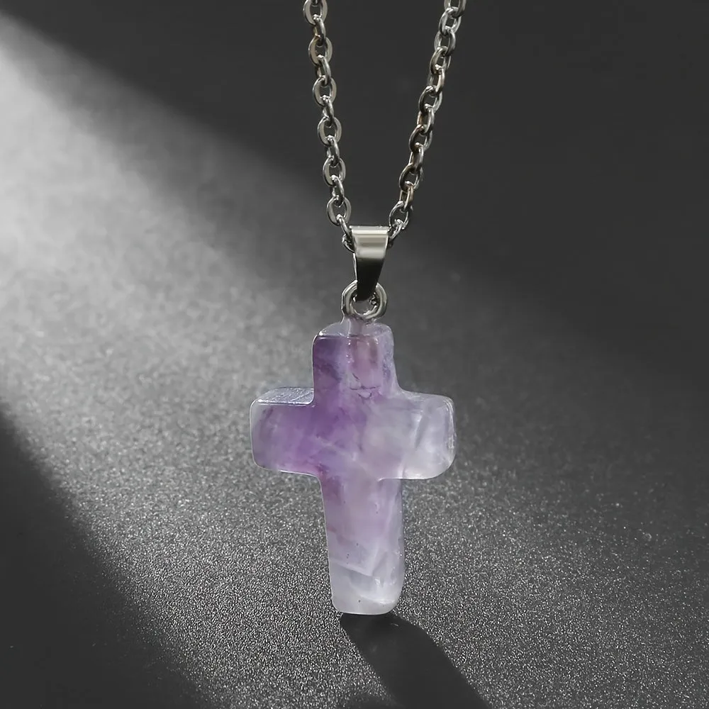 Natural Stone Cross Gemstone Pendant Necklace Cross Quartz Crystal Necklace