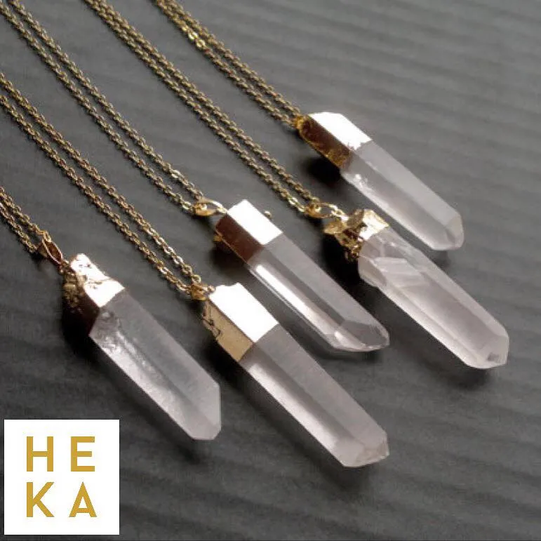 Natural White Quartz Pointed Necklace -  24k Gold Plated