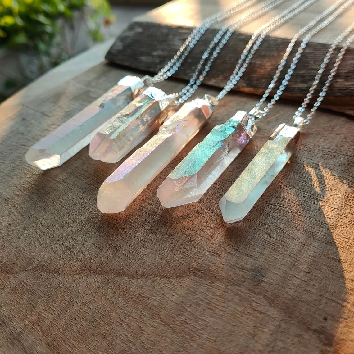 Natural White Quartz Pointed Necklace -  Silver Plated