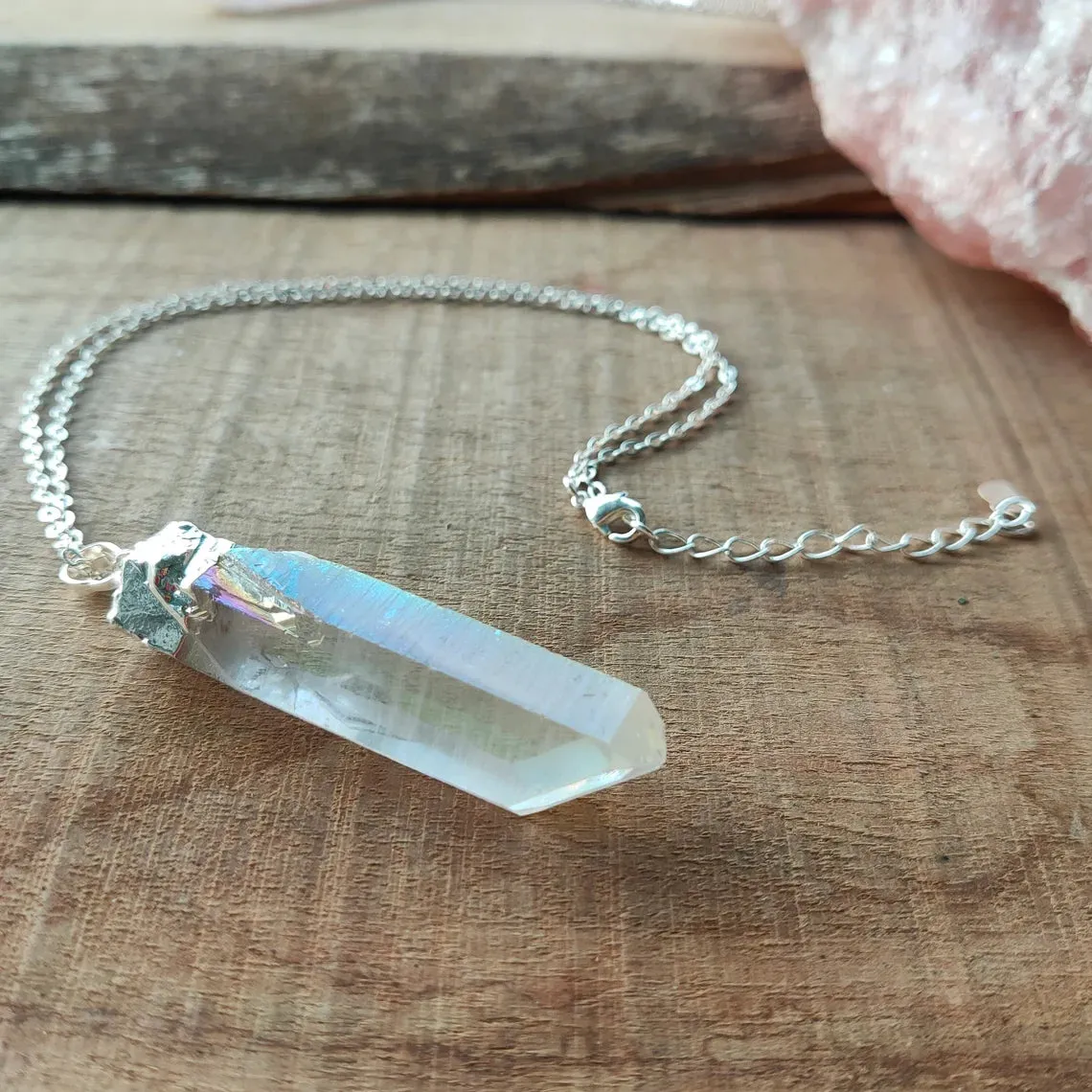 Natural White Quartz Pointed Necklace -  Silver Plated