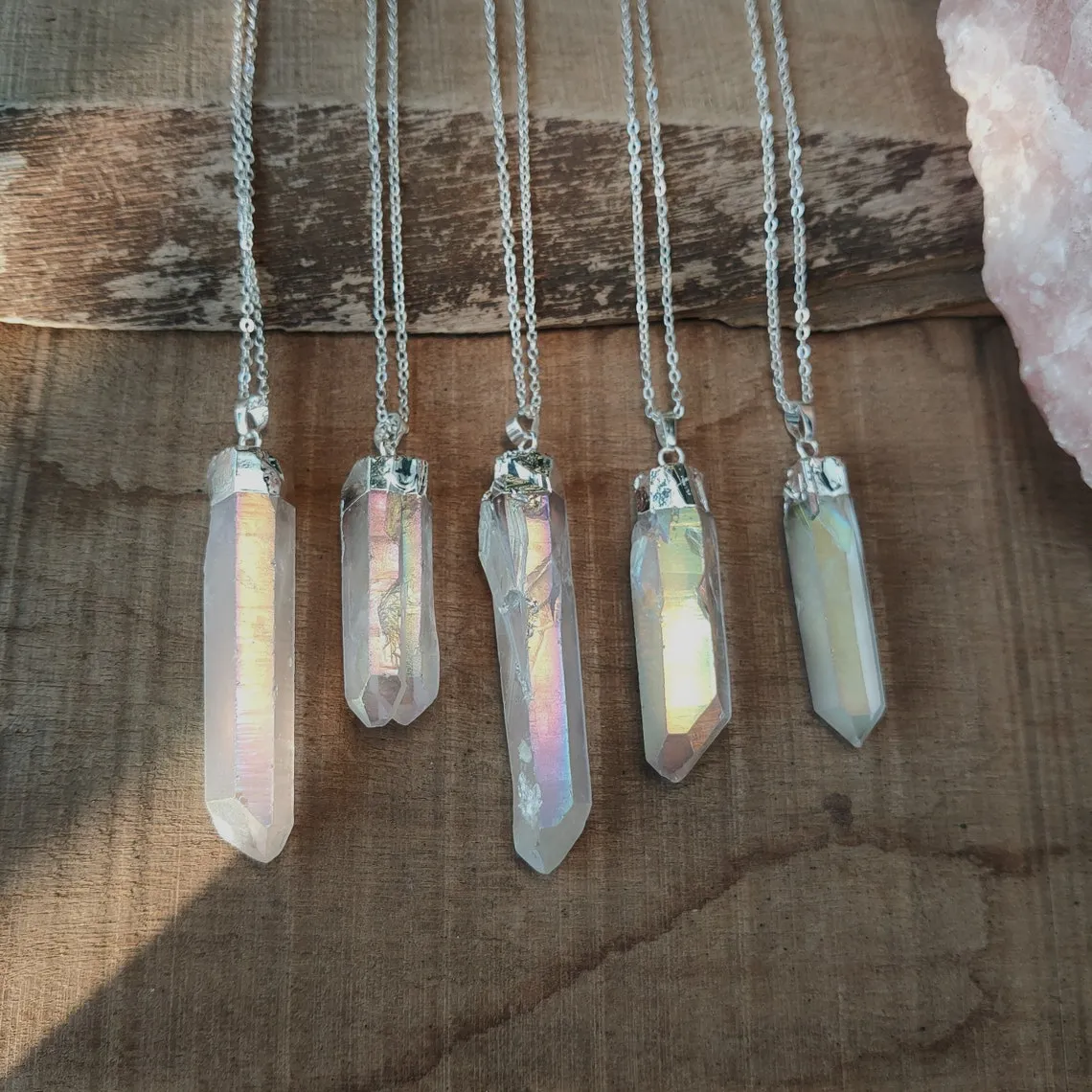 Natural White Quartz Pointed Necklace -  Silver Plated
