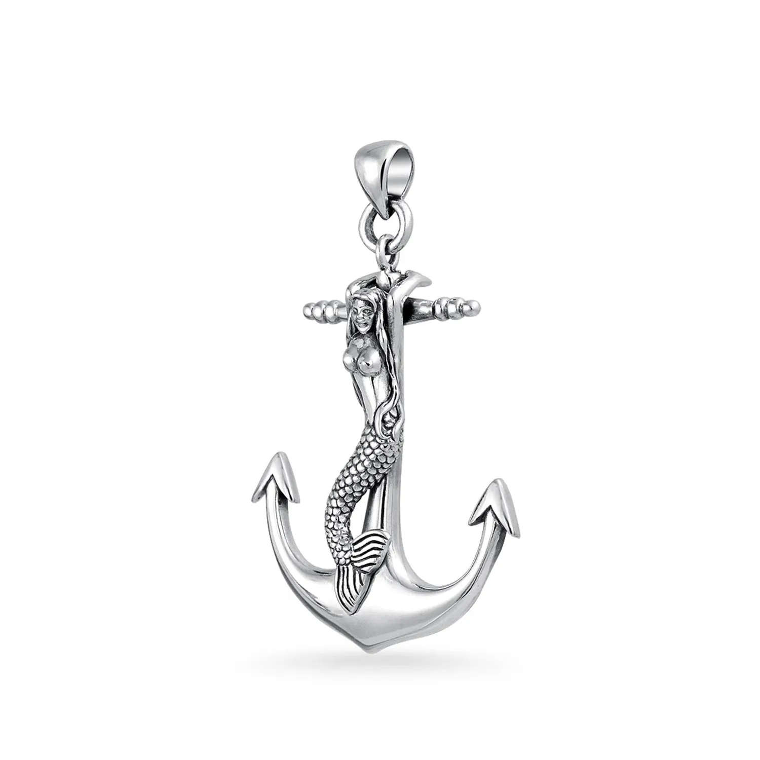 Nautical Anchor Mermaid Pendant Necklace in Oxidized Sterling Silver