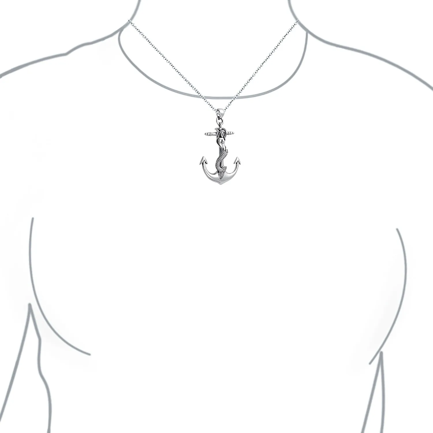 Nautical Anchor Mermaid Pendant Necklace in Oxidized Sterling Silver