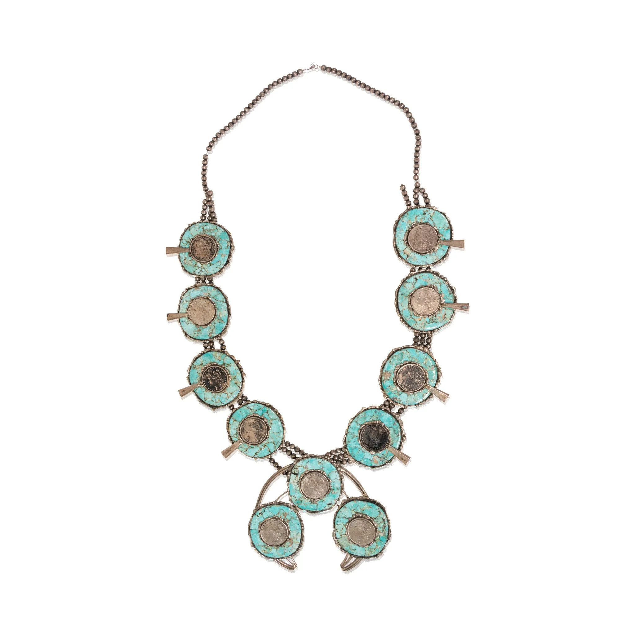 Navajo Red Mountain Silver Dollar Squash Blossom Necklace