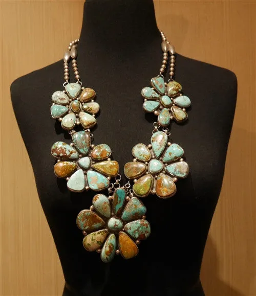 Navajo Sterling Silver and Pilot Mountain Turquoise Flower Necklace