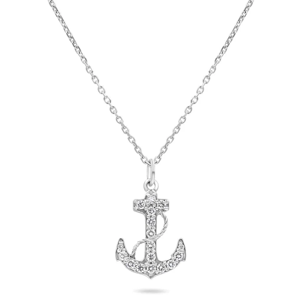 Navy Fouled Anchor Necklace With Diamonds In Solid Gold