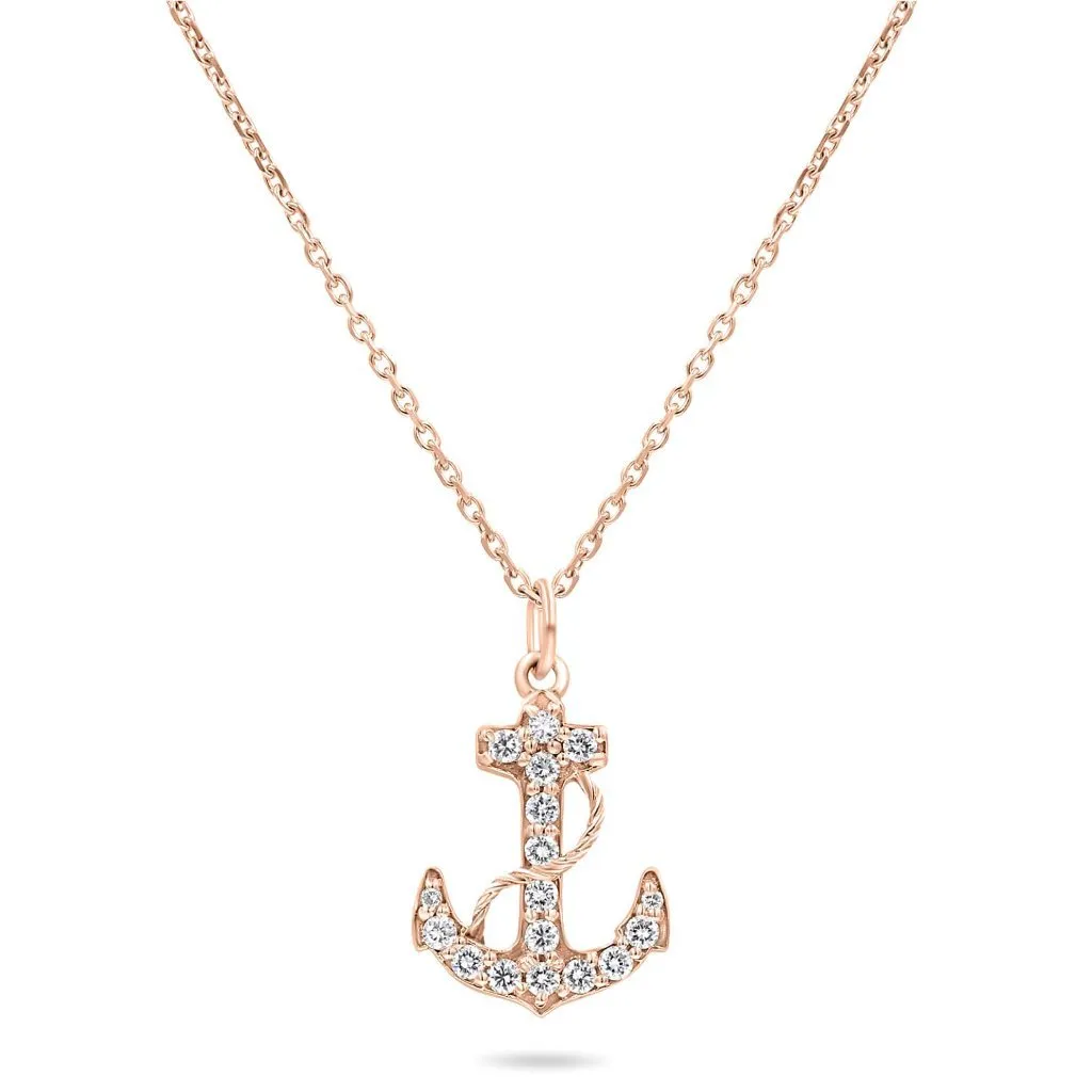 Navy Fouled Anchor Necklace With Diamonds In Solid Gold