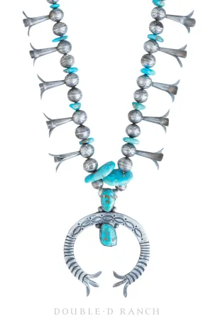 Necklace, Squash Blossom, Turquoise, Natural Lone Mountain, Carl Luther Studio, Vintage ‘70s, 1612