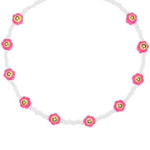Neon Pink Smiley Flower Bead Necklace