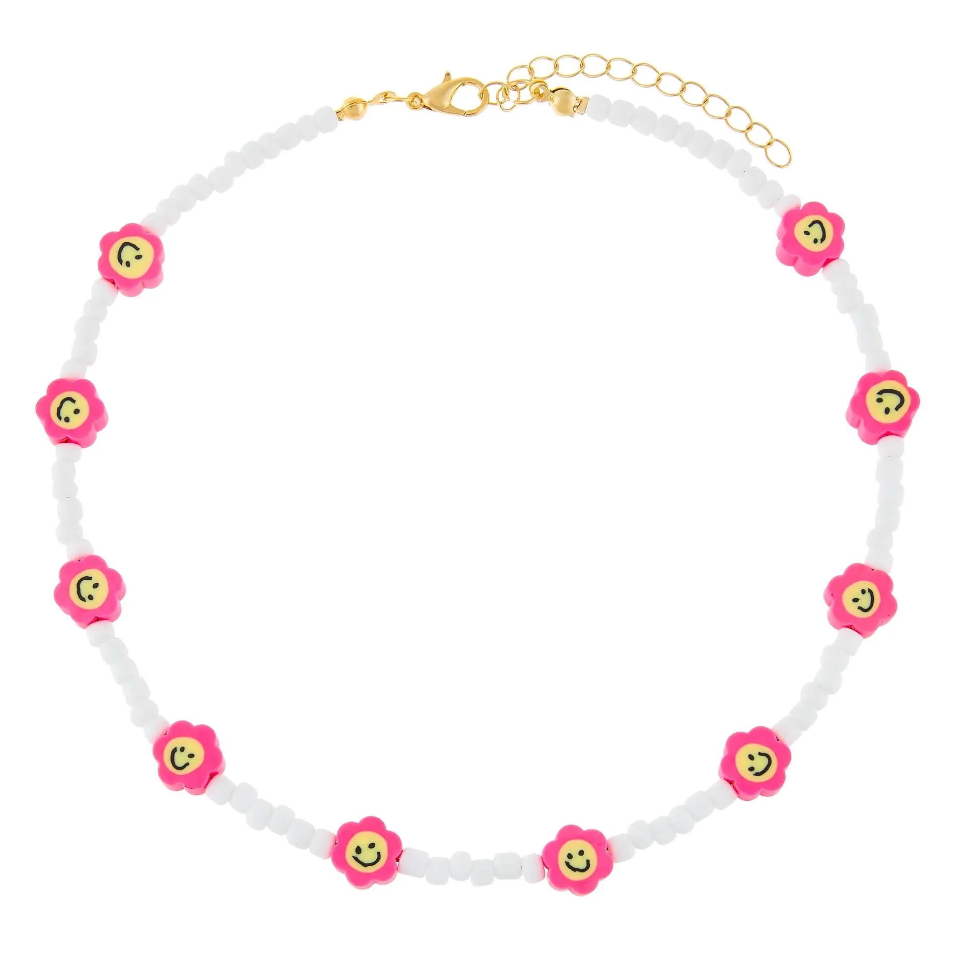 Neon Pink Smiley Flower Bead Necklace