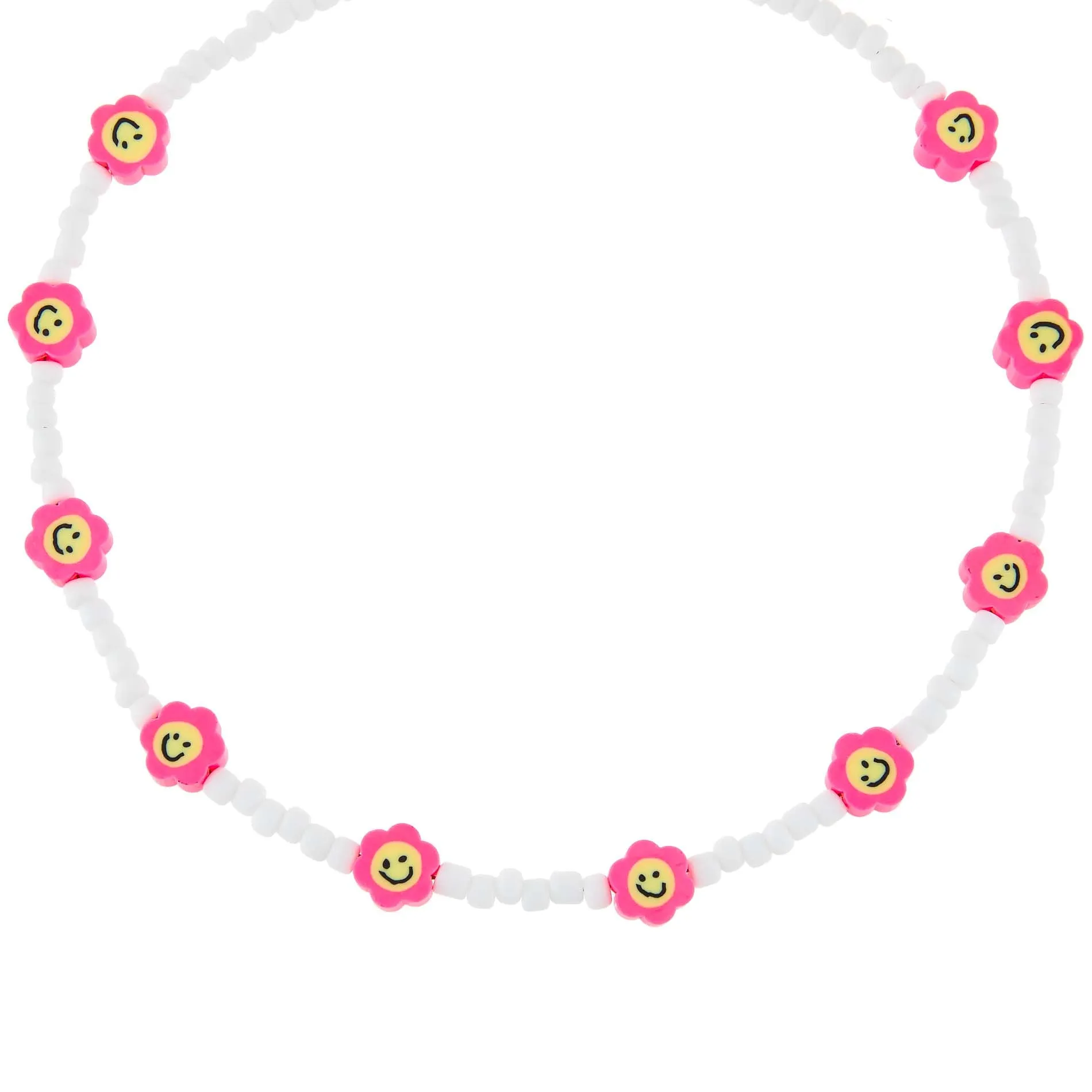 Neon Pink Smiley Flower Bead Necklace