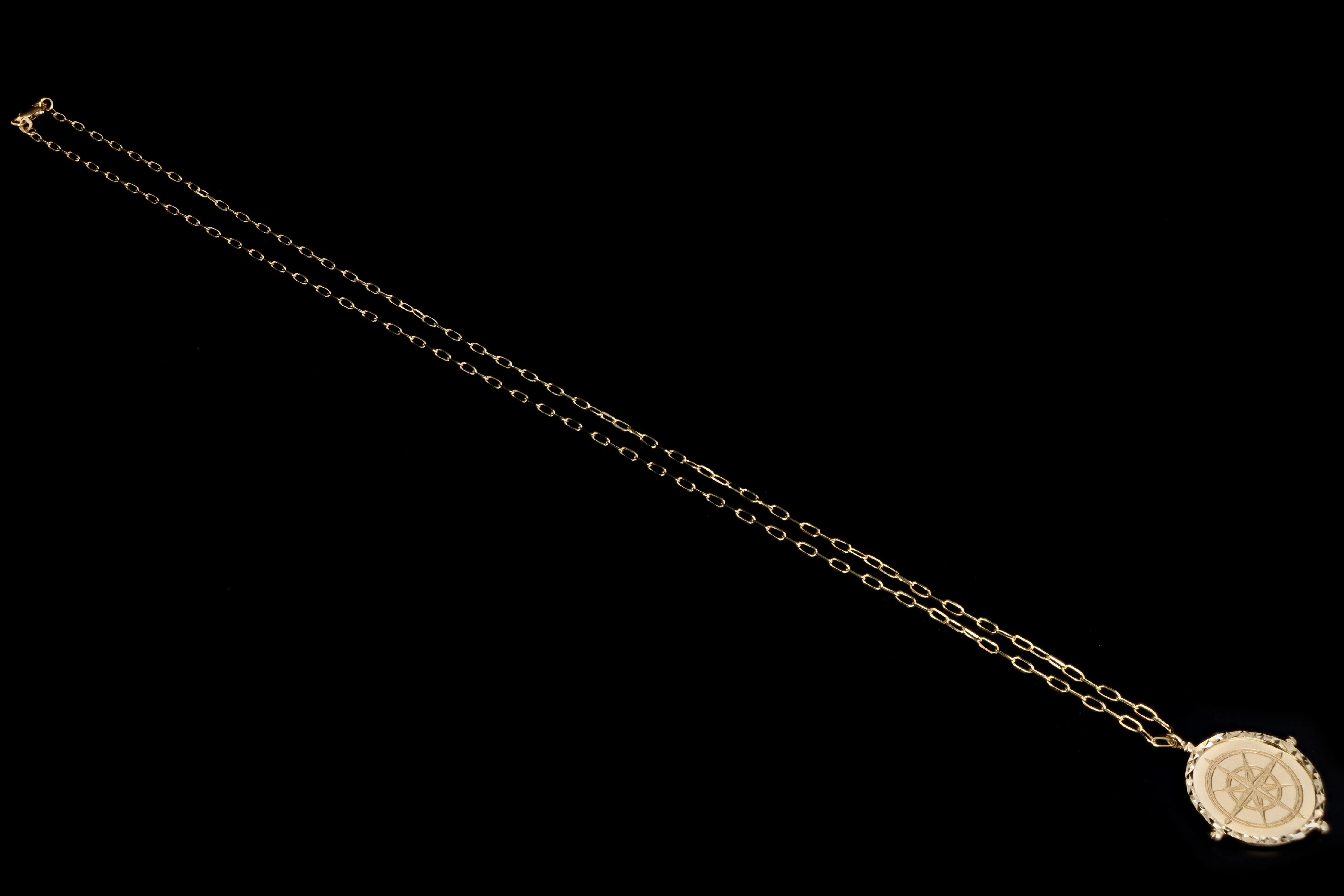 New 14K Yellow Gold Compass Medallion Pendant Paperclip Necklace