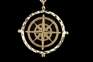 New 14K Yellow Gold Compass Medallion Pendant Paperclip Necklace