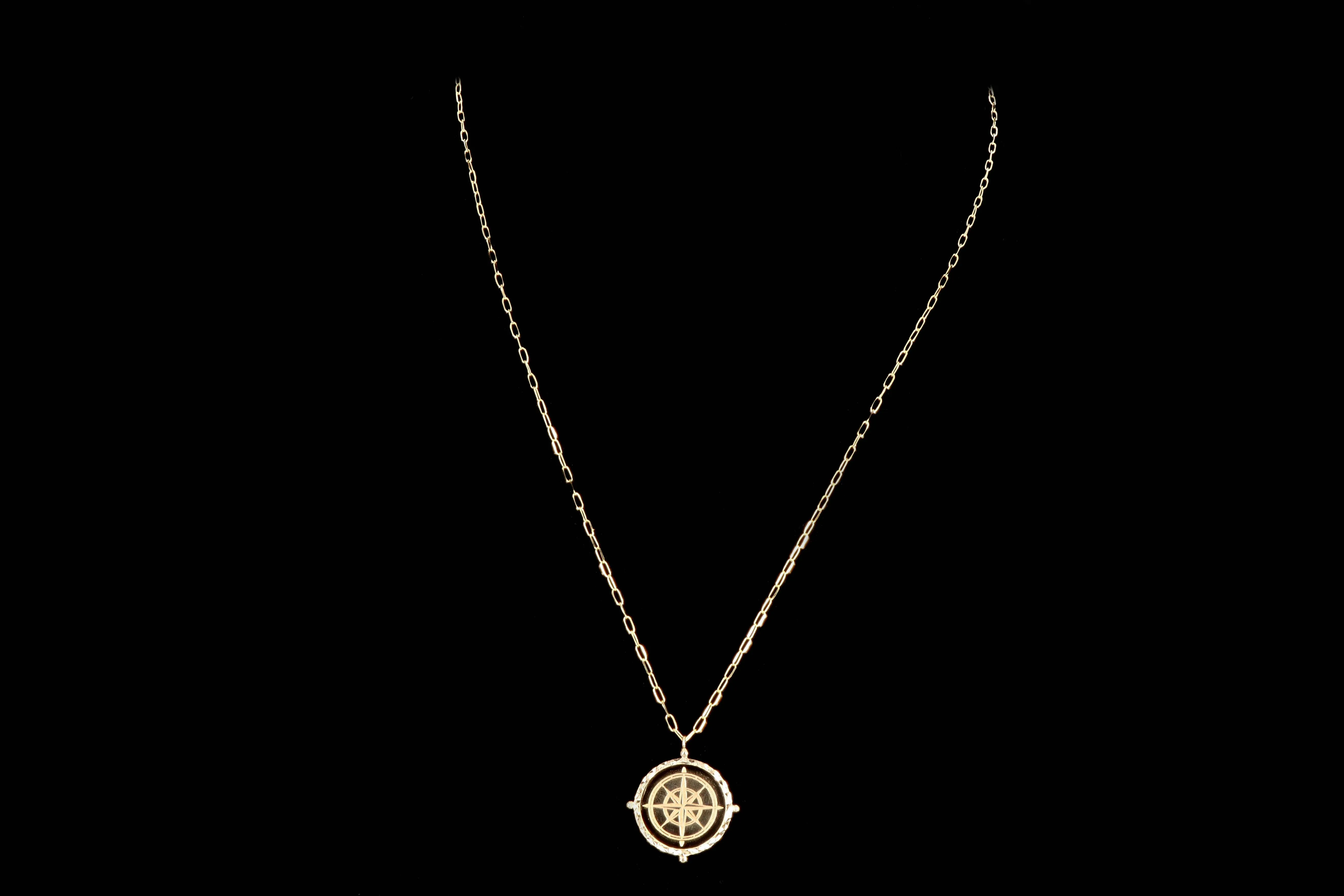 New 14K Yellow Gold Compass Medallion Pendant Paperclip Necklace