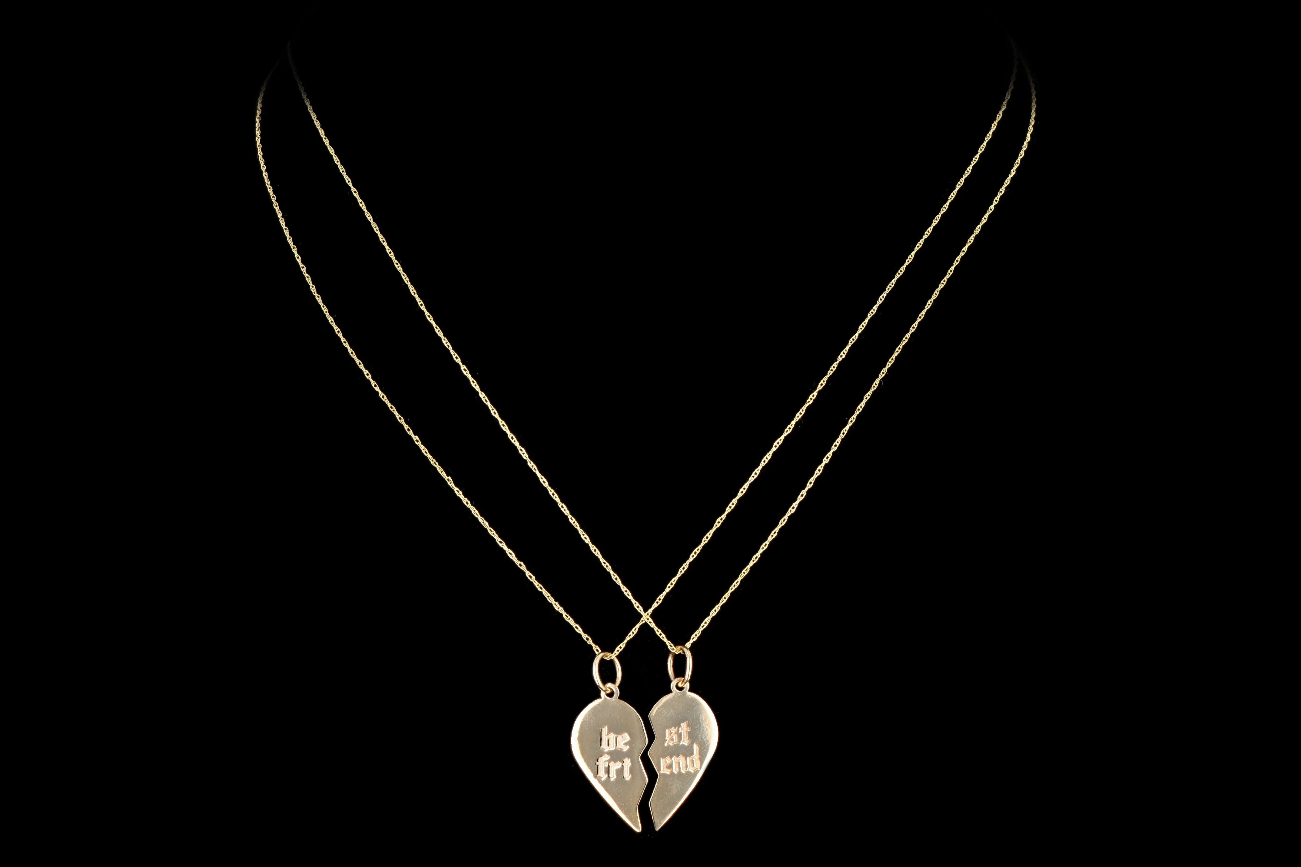 New 14K Yellow Gold Split Heart Friendship Pendant Necklace Set
