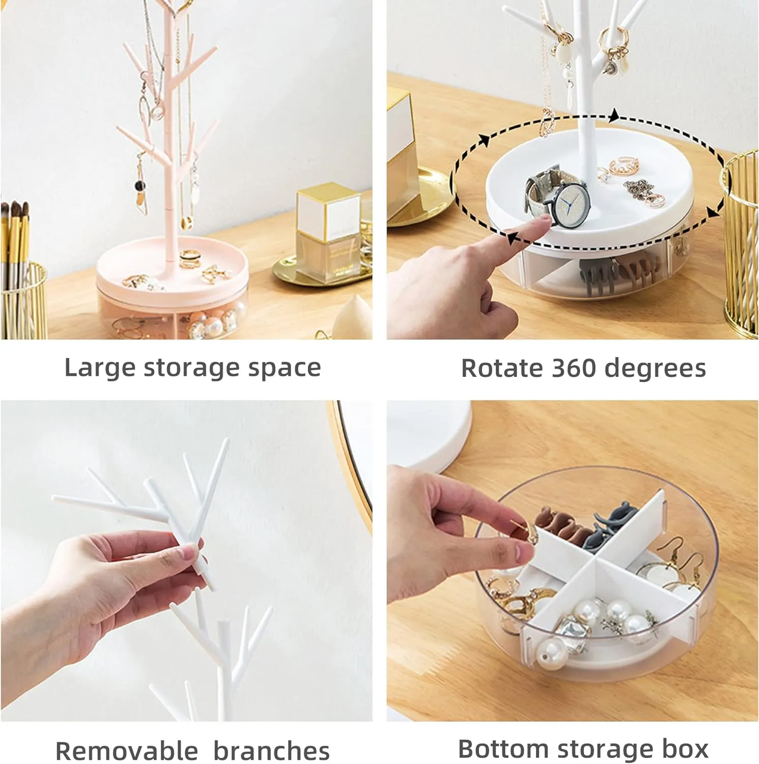 NEW Branch Jewelry Rack With Rotatable Base and Storage Box Tree Tower Rack Hanging Organizer for Ring Earrings Necklace Bracelet, Suitable for Living Rooms, Bathrooms, Offices, Etc., White