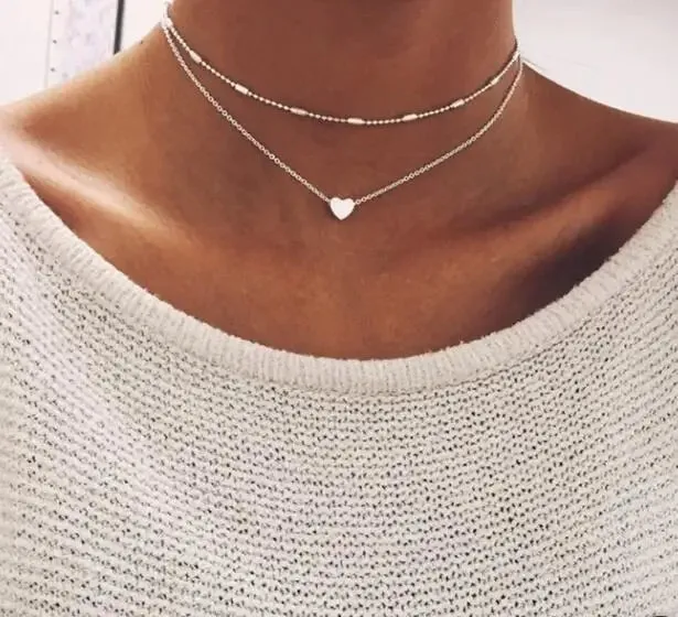 New Double Layer Necklace For Women Imitation Pearl Crystal Heart Pendant Chokers Necklaces Girls Bohemia