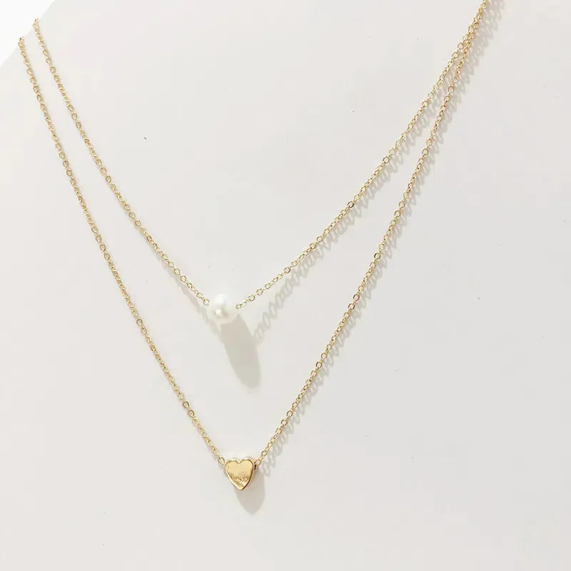 New Double Layer Necklace For Women Imitation Pearl Crystal Heart Pendant Chokers Necklaces Girls Bohemia