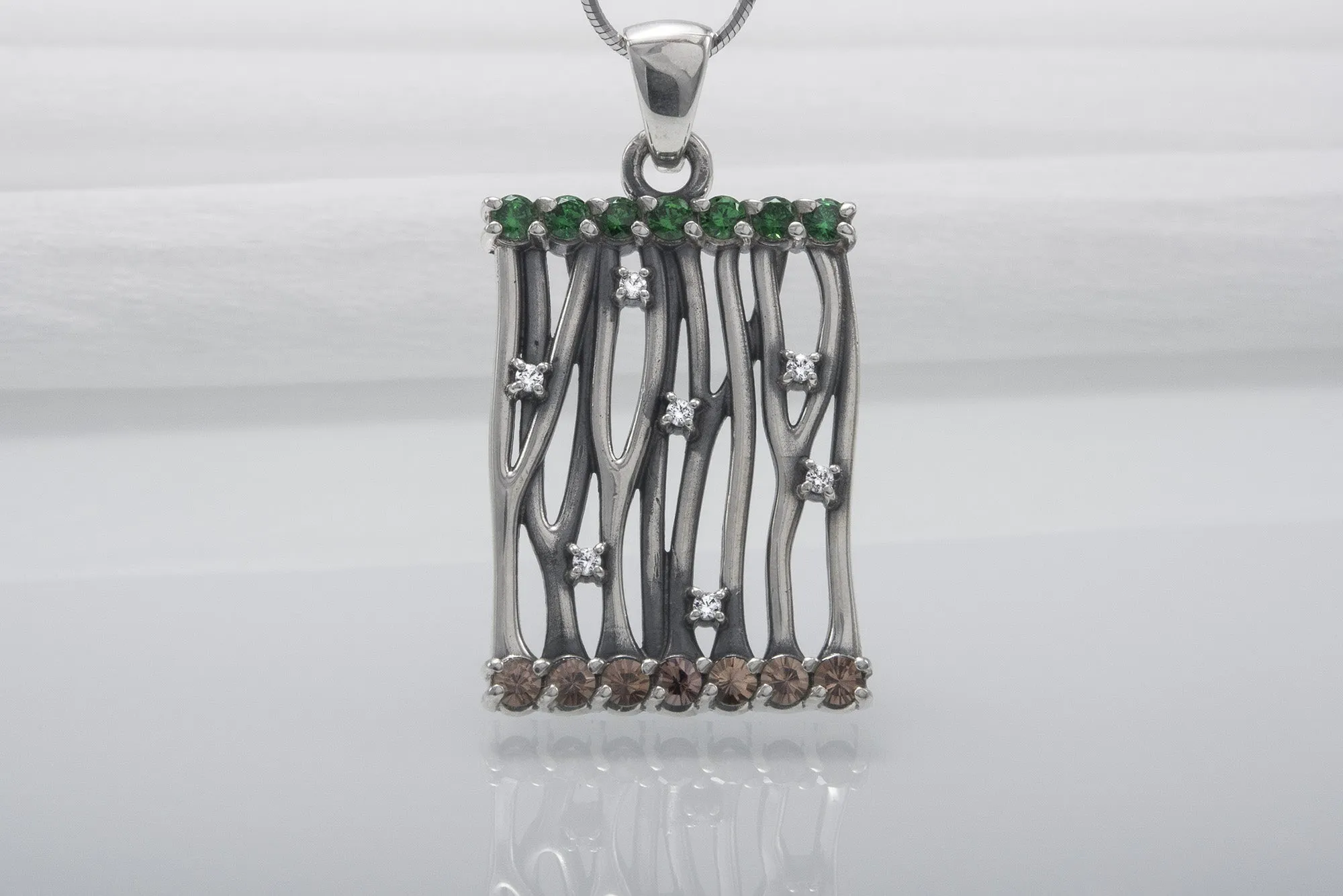 Norse Sterling Silver Pendant With Yggdrasil Tree And Gems, Unique Handmade Jewelry