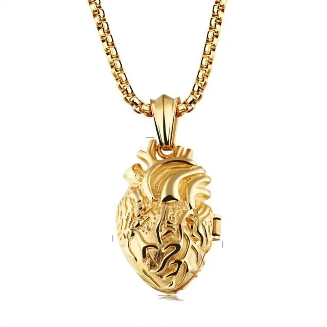 Openable Human Anatomical Heart Charm Pendant Necklace in Stainless Steel