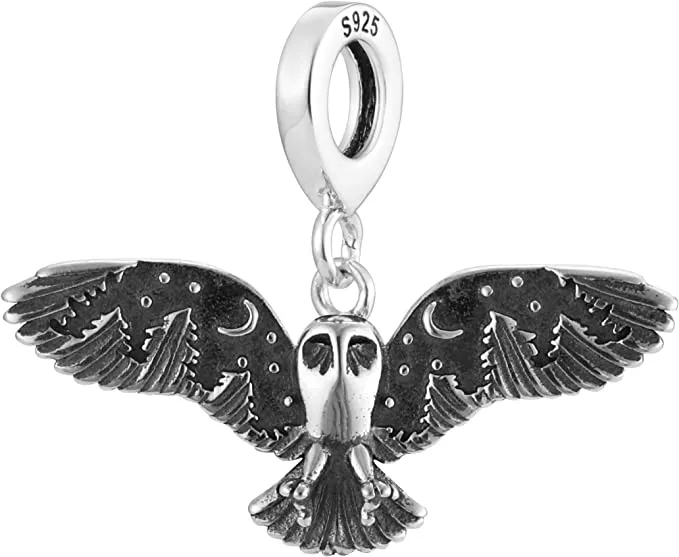 Owl Forest Whisper Mountain Moon Dangle Pendant Bead Charm