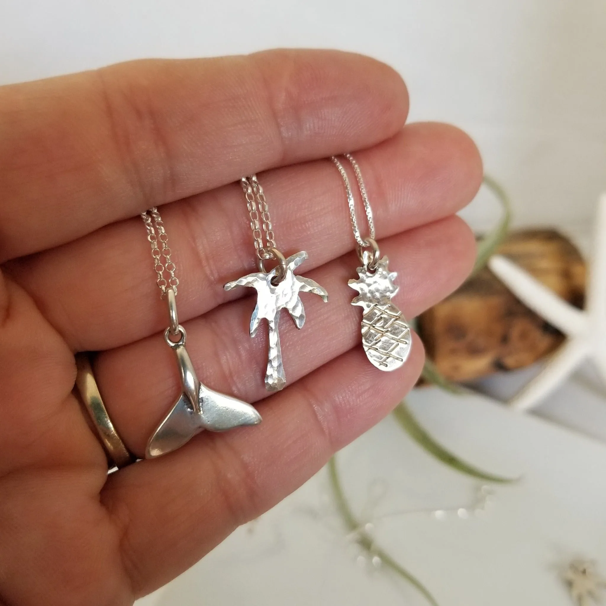 Palm Tree, Pineapple or Whale Tail Disc Necklace - Sterling Silver