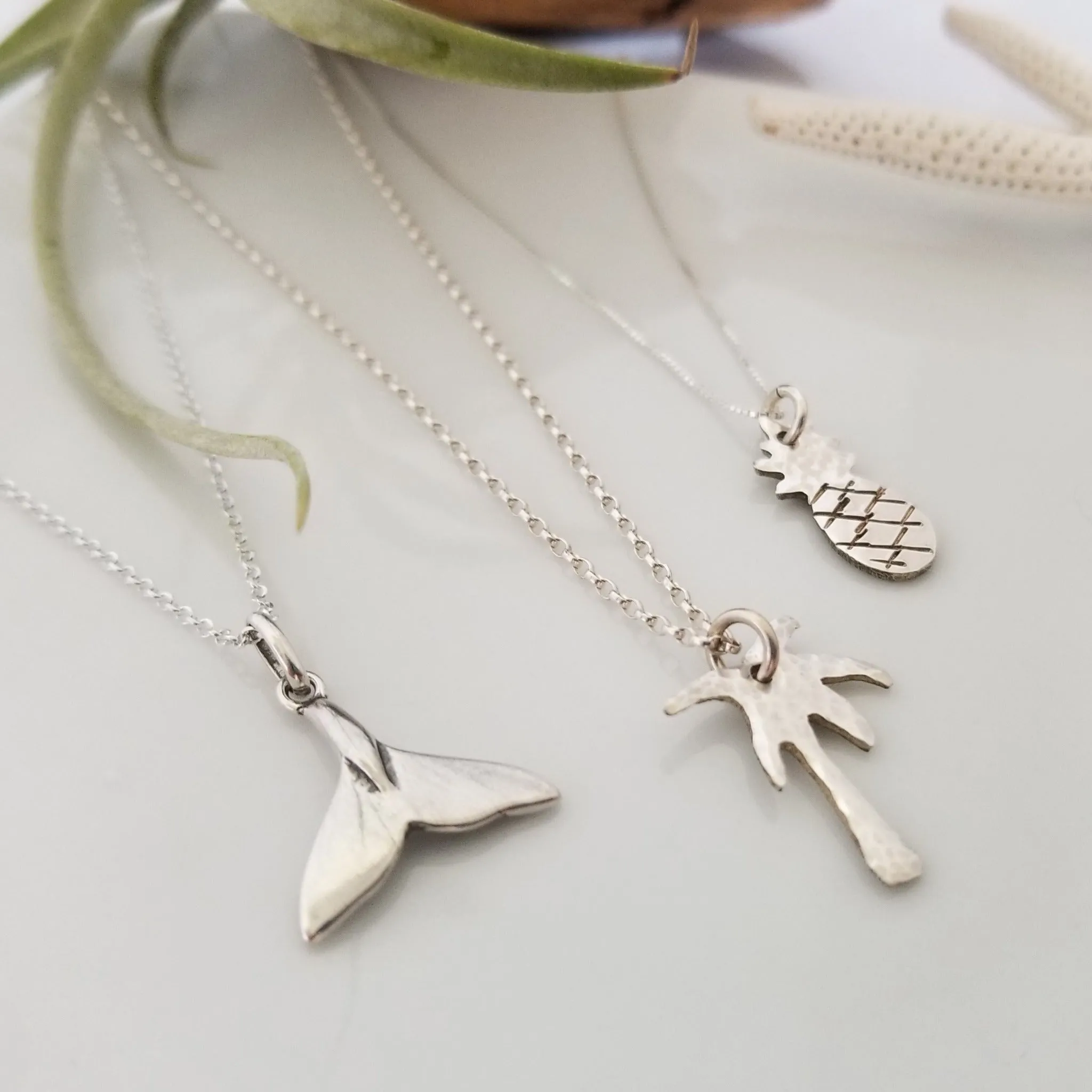 Palm Tree, Pineapple or Whale Tail Disc Necklace - Sterling Silver