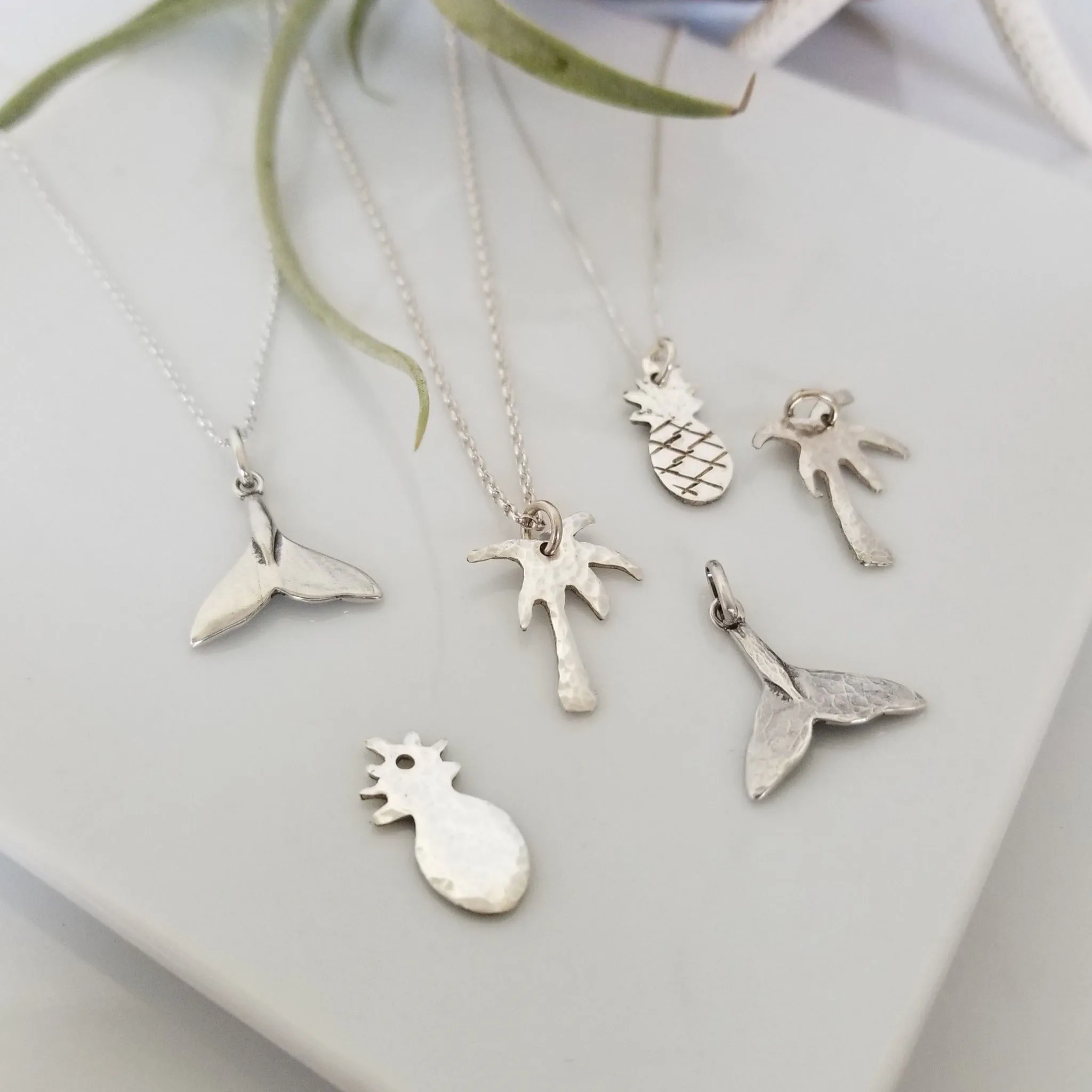 Palm Tree, Pineapple or Whale Tail Disc Necklace - Sterling Silver
