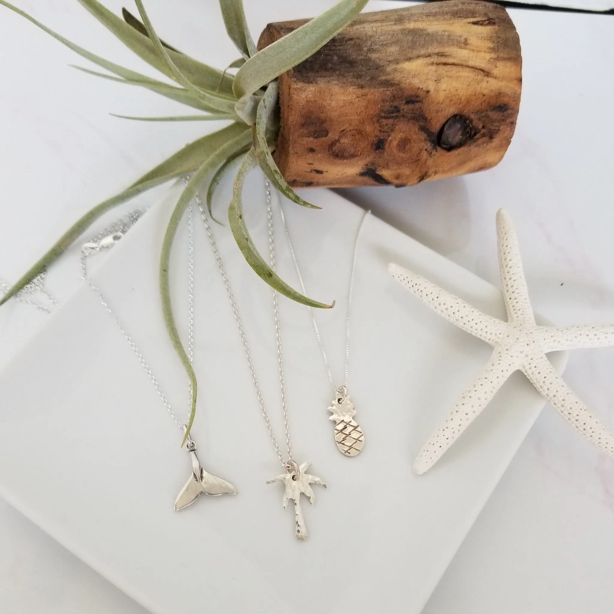 Palm Tree, Pineapple or Whale Tail Disc Necklace - Sterling Silver