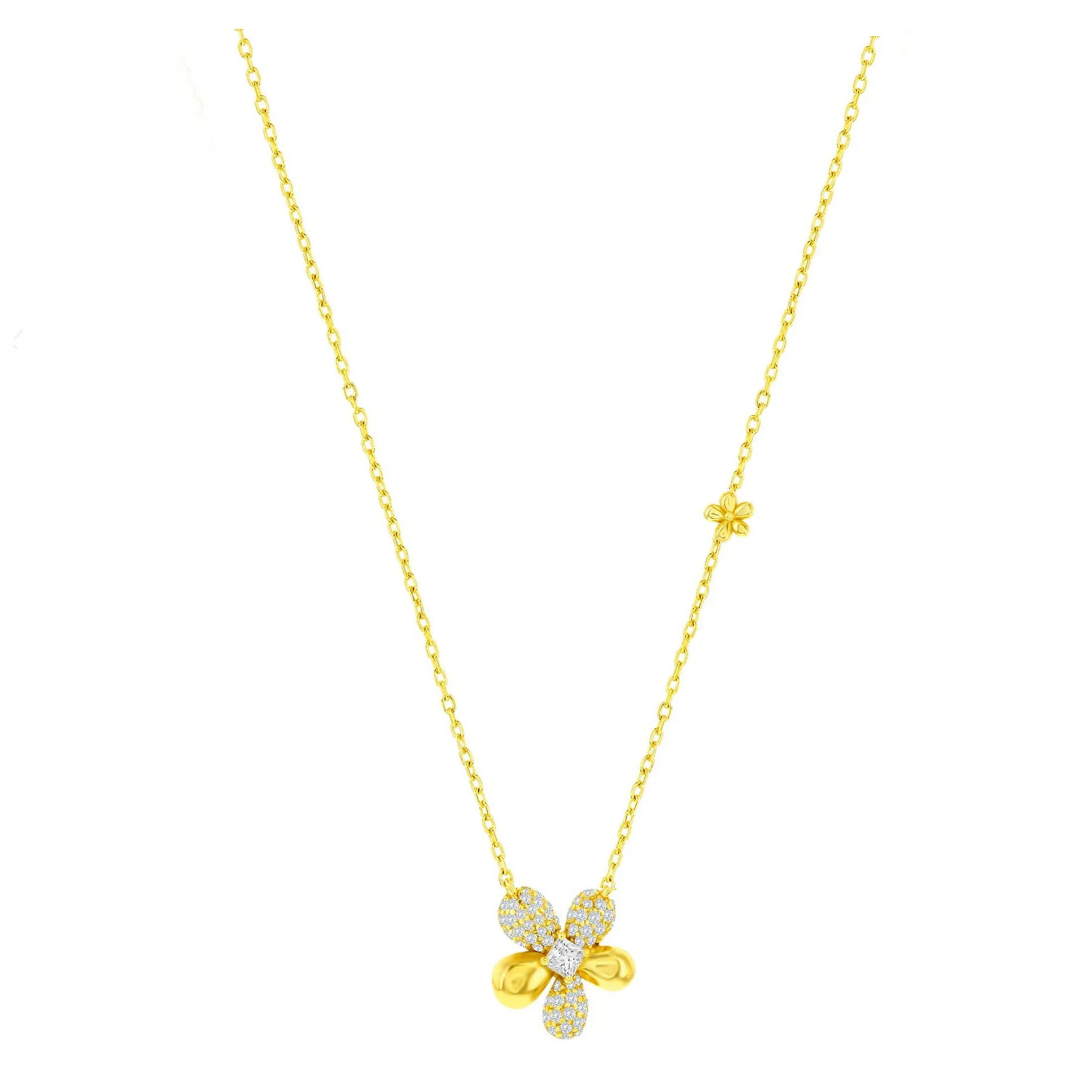 Pave CZ and Polished Double Flower Necklace