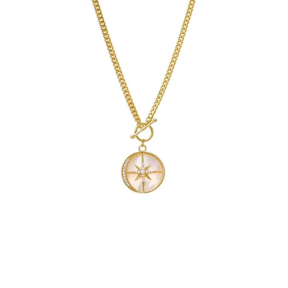 Pave Outlined Mother Of Pearl Compass Coin Necklace