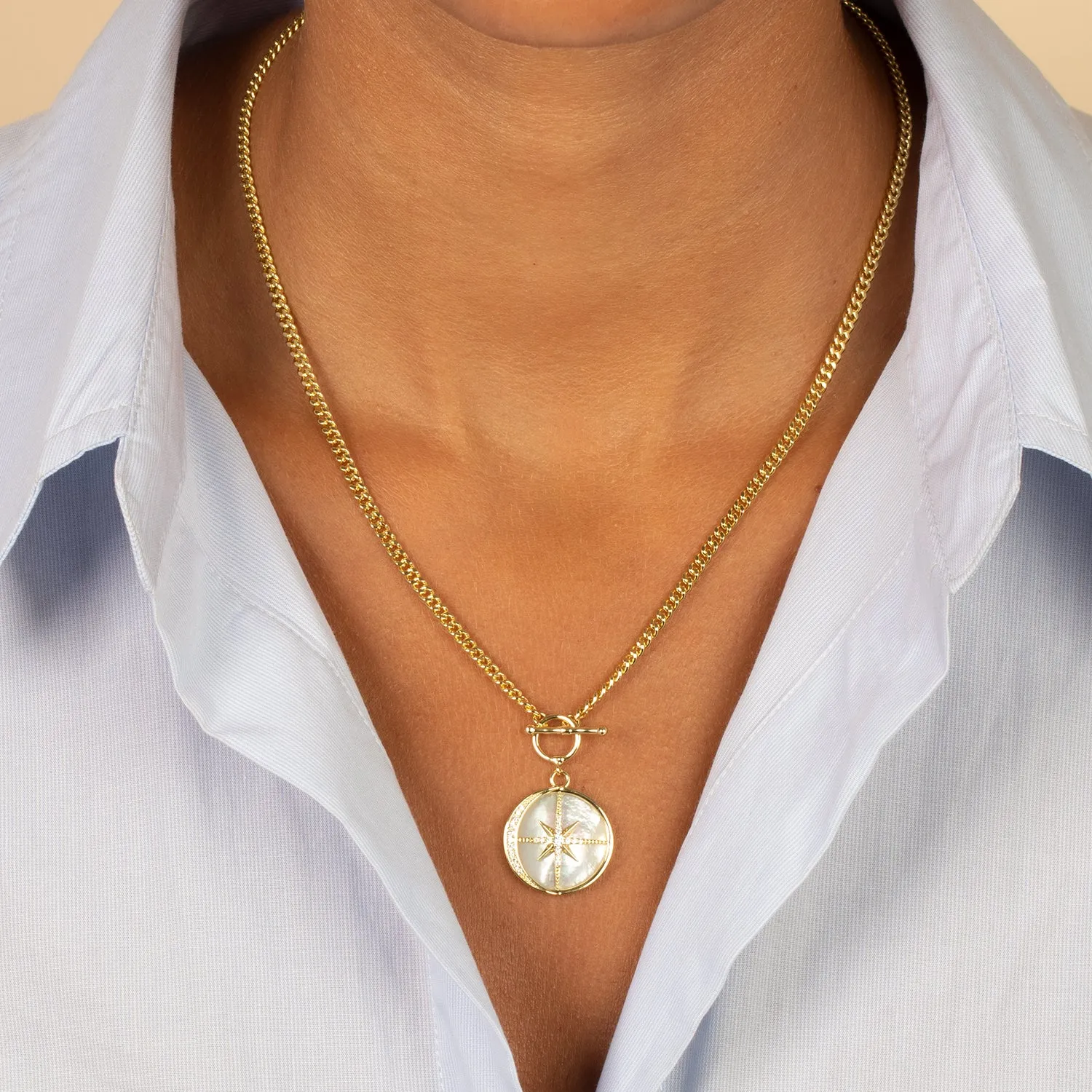 Pave Outlined Mother Of Pearl Compass Coin Necklace