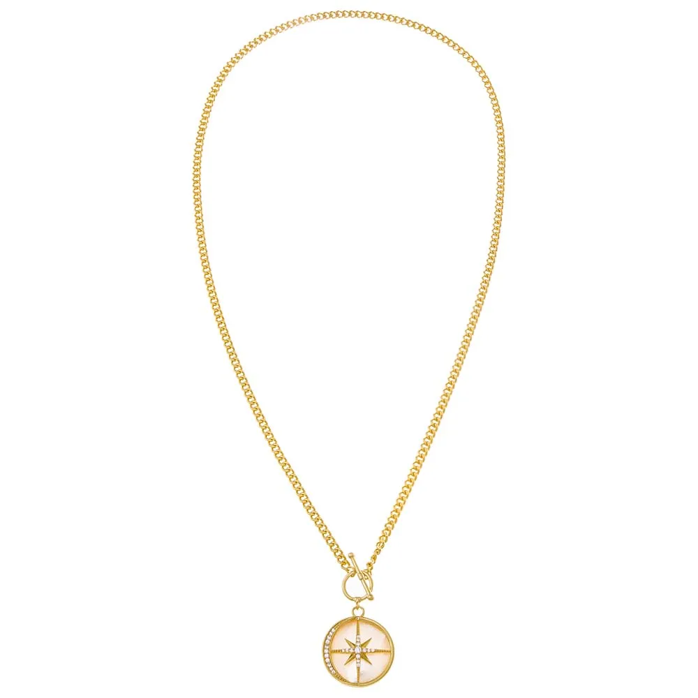 Pave Outlined Mother Of Pearl Compass Coin Necklace