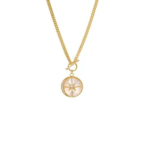Pave Outlined Mother Of Pearl Compass Coin Necklace