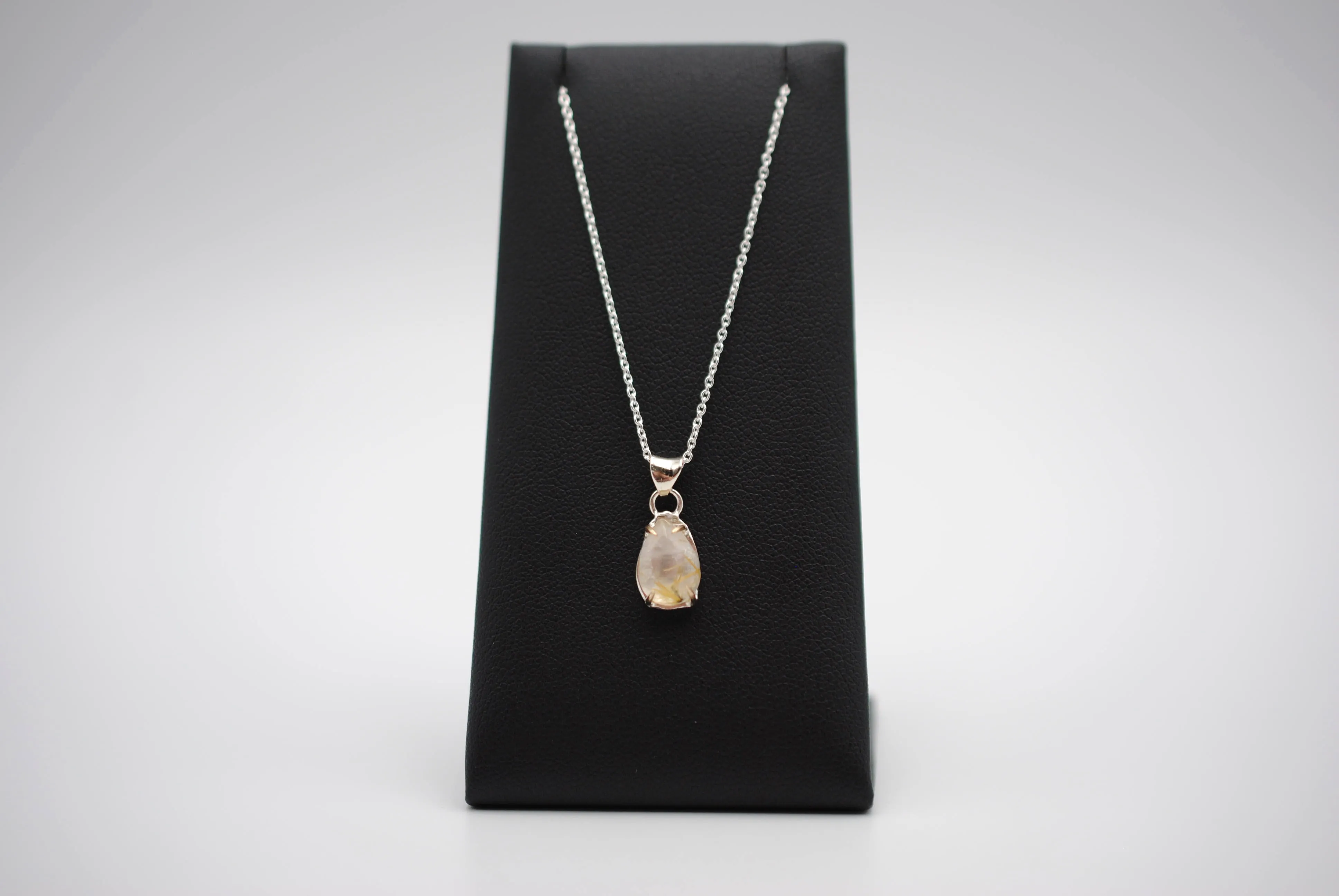 Pear Golden Rutilated Quartz with Yellow Gold Setting Pendant Necklace on a Cable Chain