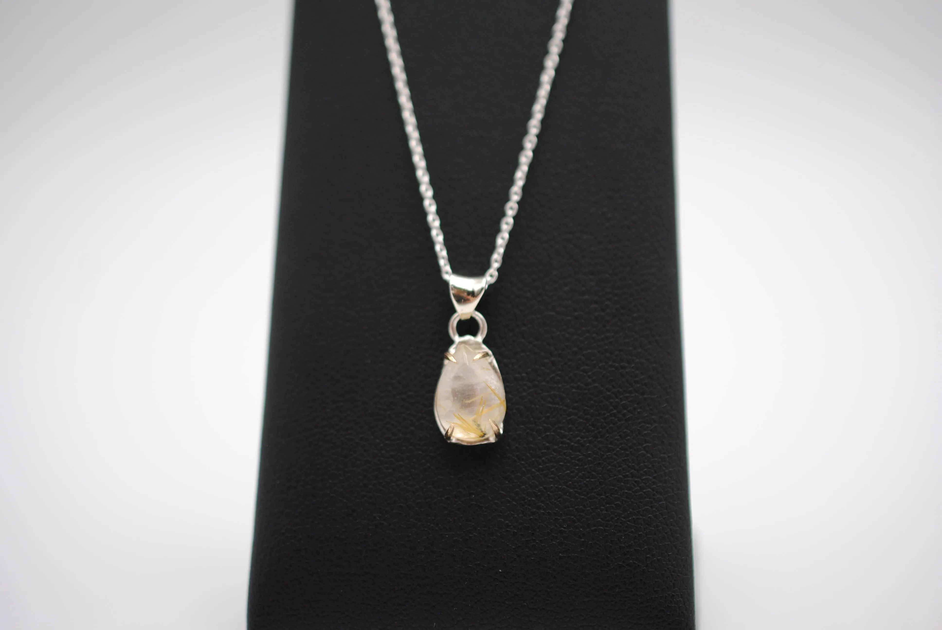 Pear Golden Rutilated Quartz with Yellow Gold Setting Pendant Necklace on a Cable Chain