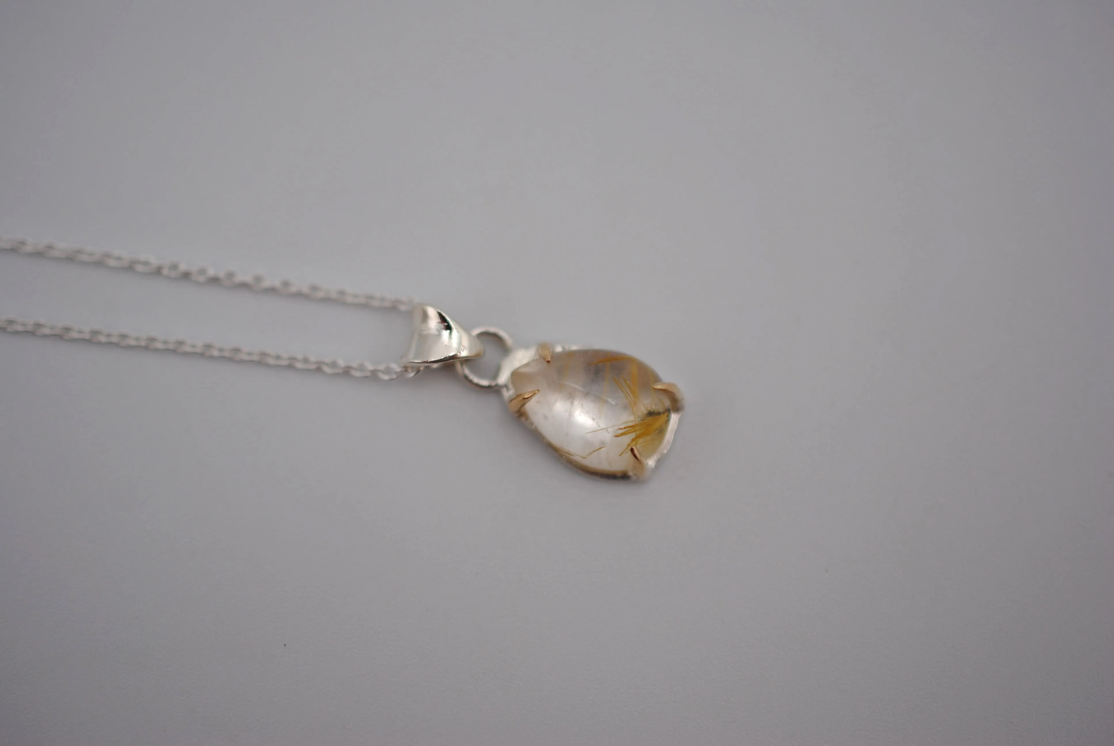 Pear Golden Rutilated Quartz with Yellow Gold Setting Pendant Necklace on a Cable Chain
