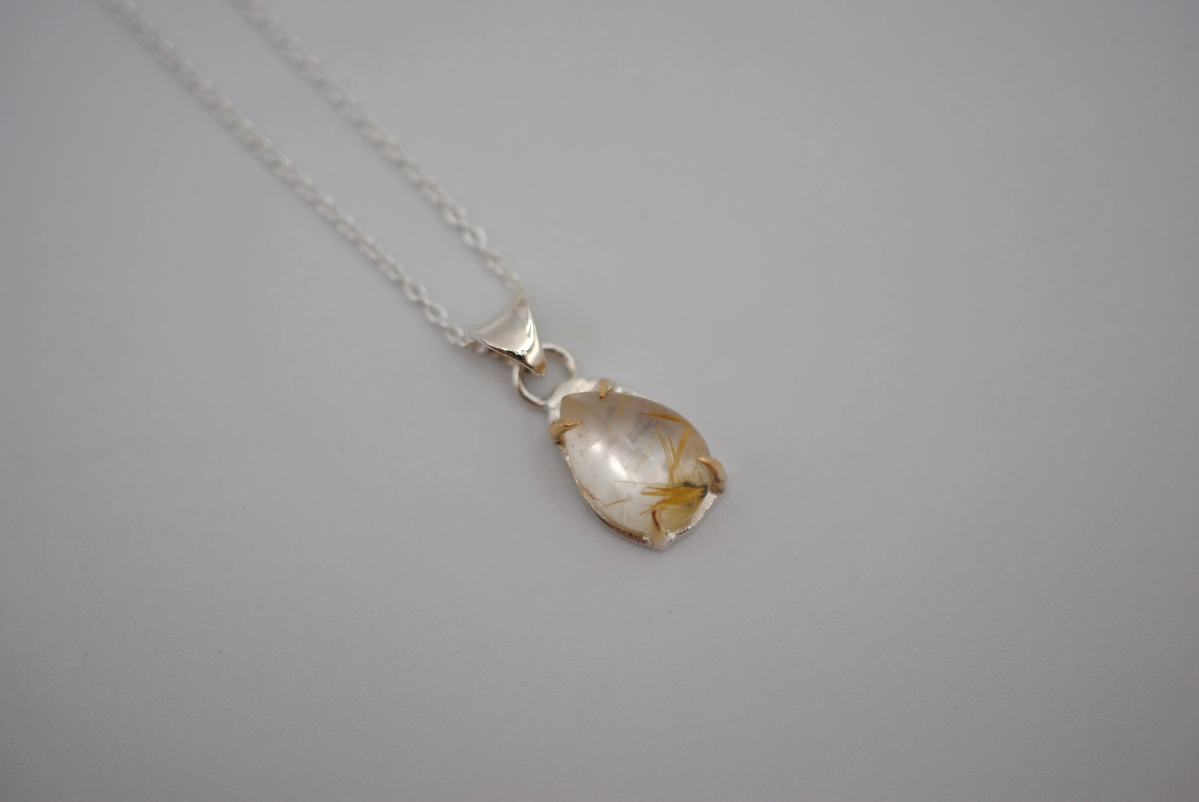 Pear Golden Rutilated Quartz with Yellow Gold Setting Pendant Necklace on a Cable Chain