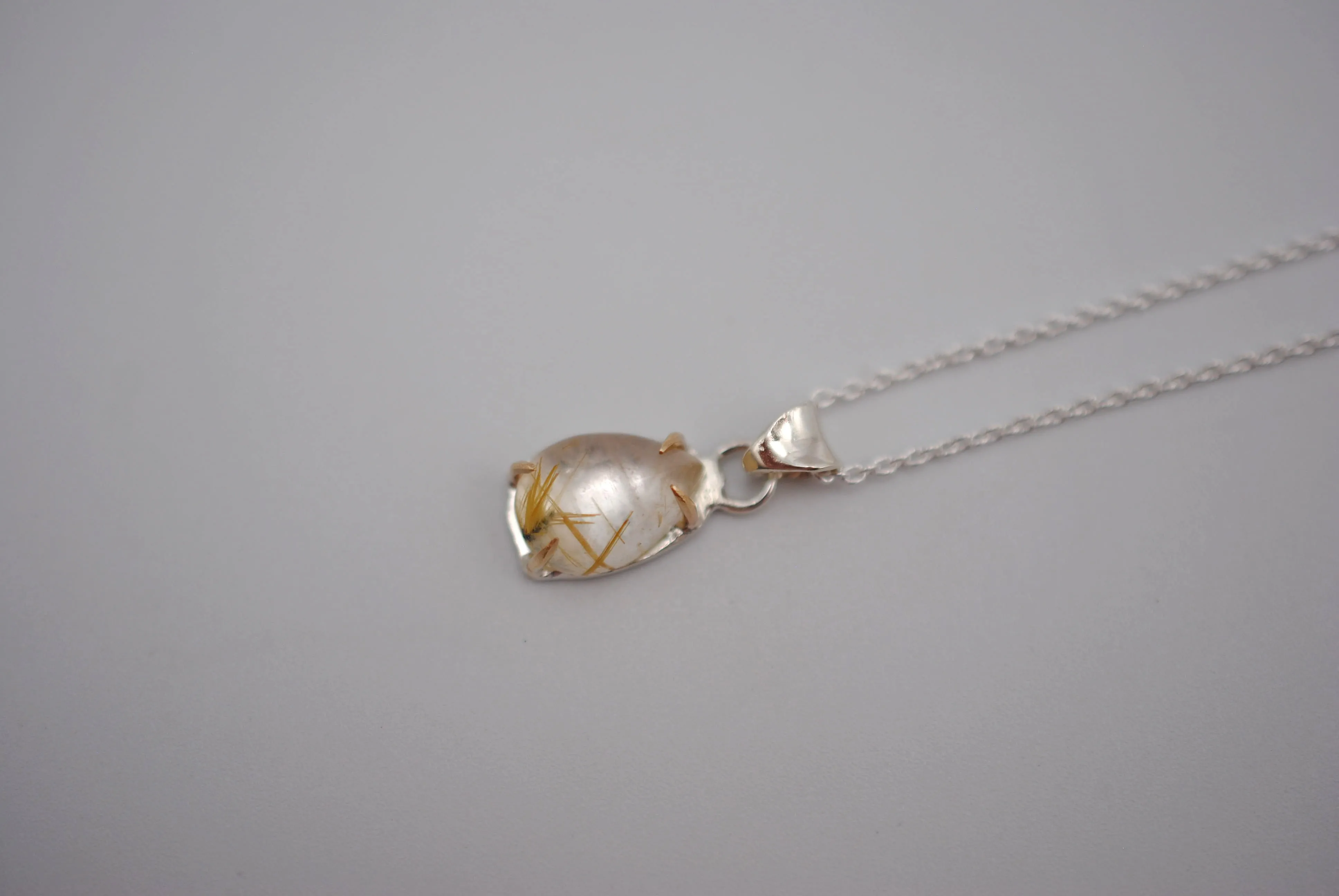 Pear Golden Rutilated Quartz with Yellow Gold Setting Pendant Necklace on a Cable Chain