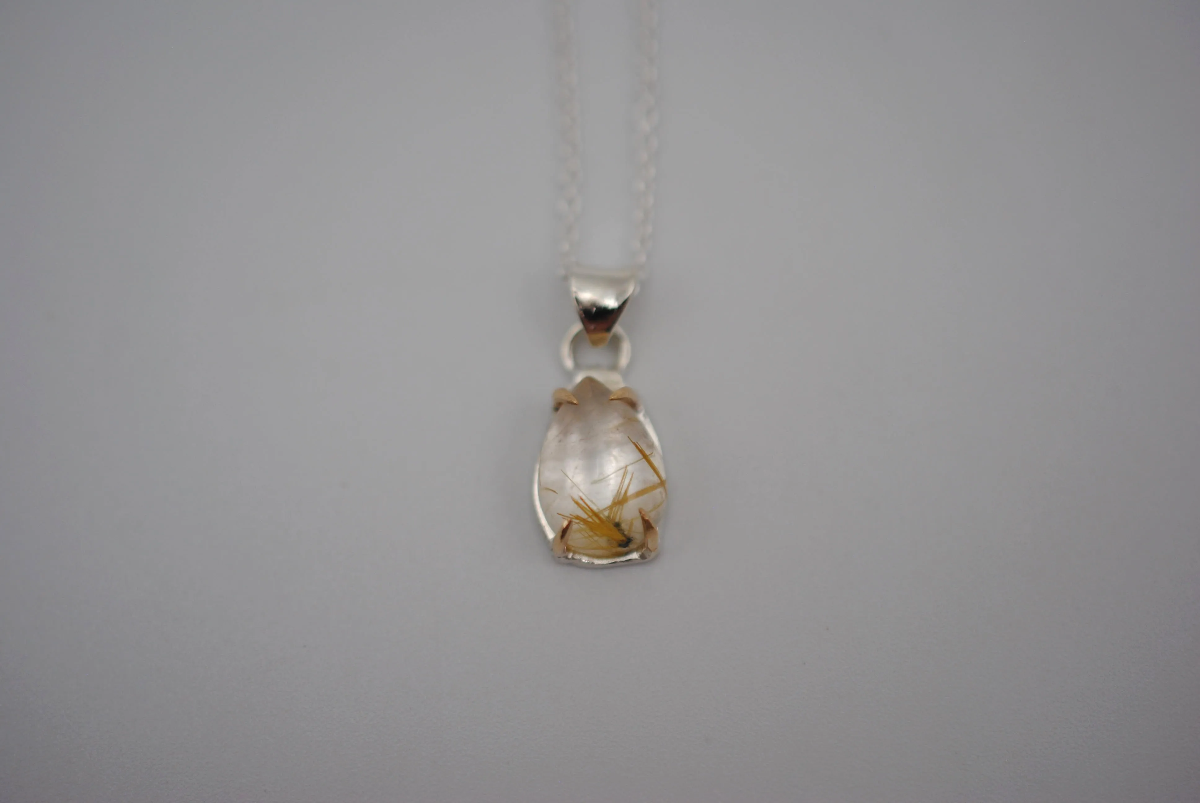 Pear Golden Rutilated Quartz with Yellow Gold Setting Pendant Necklace on a Cable Chain