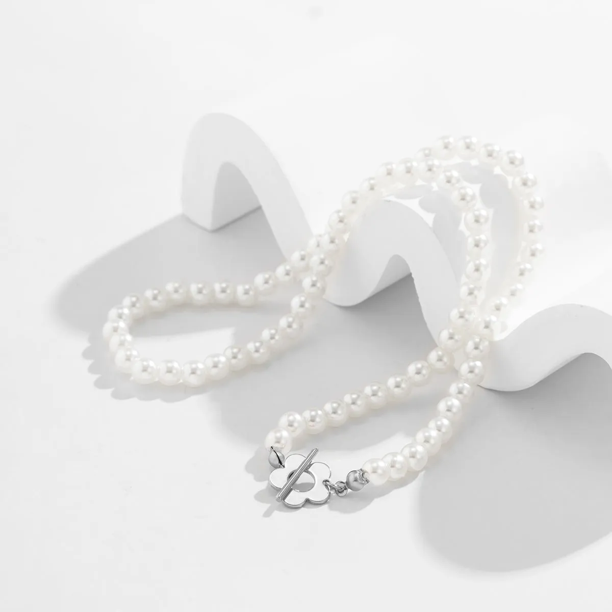 Pearl & Silver-Plated Flower Toggle Necklace