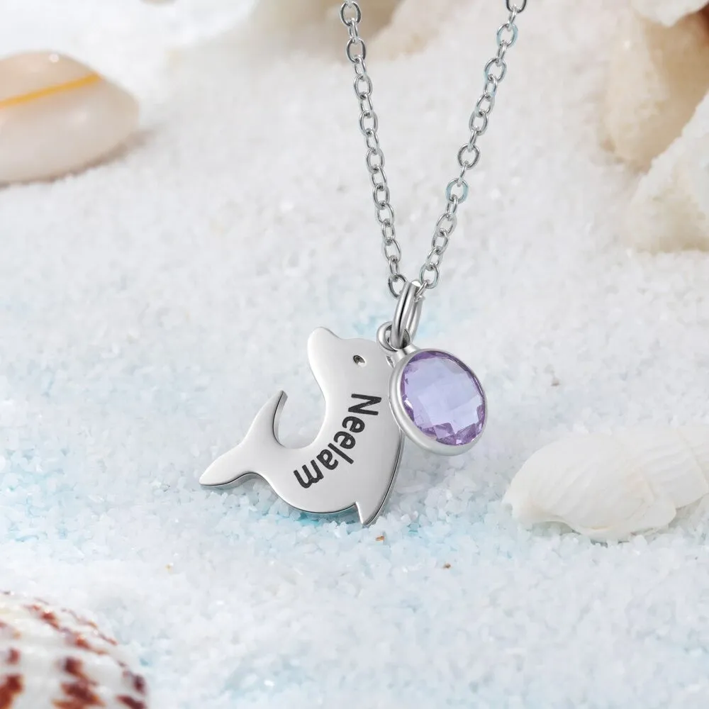 Personalized 1 Name And 1 Birthstone Dolphin Necklace