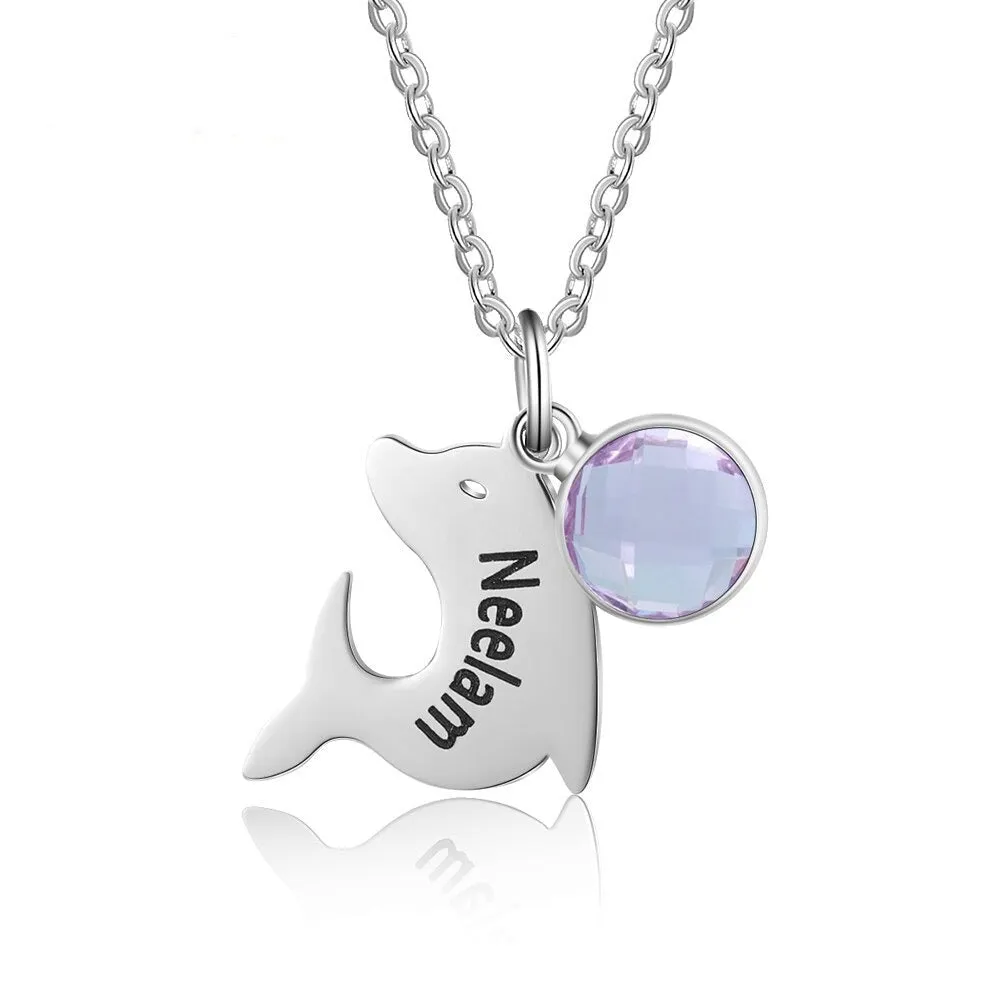 Personalized 1 Name And 1 Birthstone Dolphin Necklace