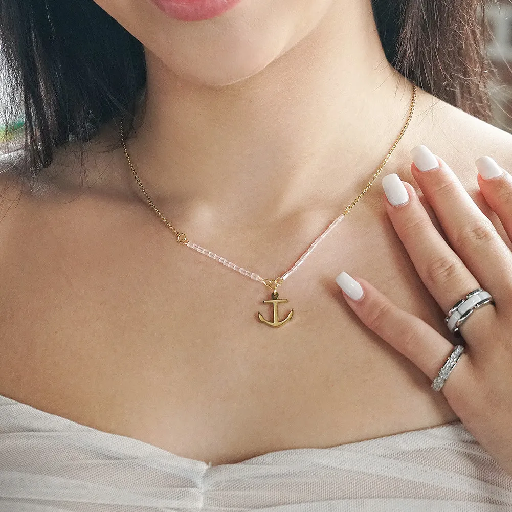 Pink Beaded Anchor Pendant Necklace