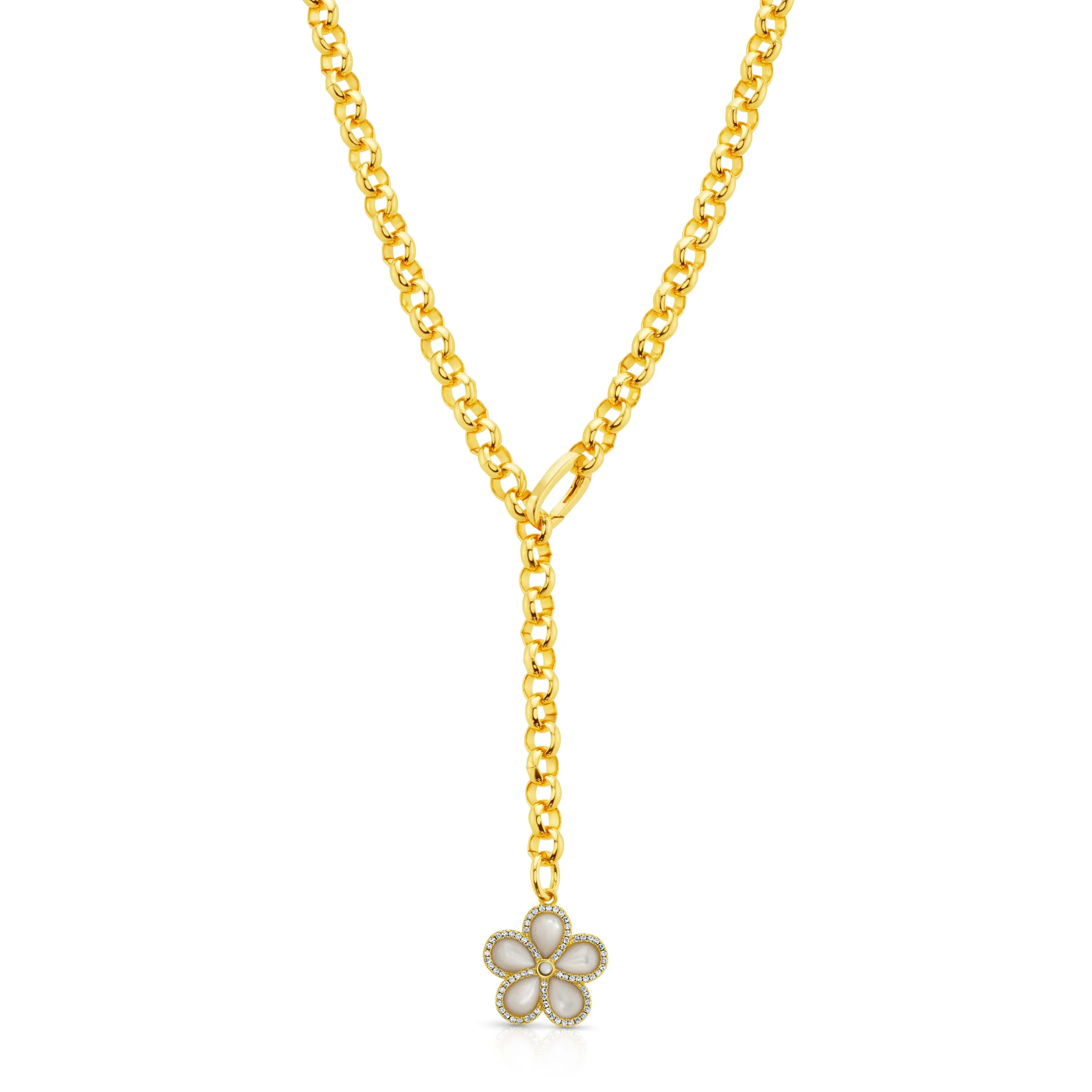 PRECIOUS FLOWER LARIAT CHAIN NECKLACE, PEARL GOLD