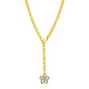 PRECIOUS FLOWER LARIAT CHAIN NECKLACE, PEARL GOLD