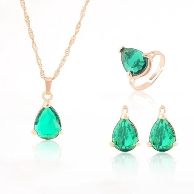 Princess Zircon Bridal Jewelry Set Women's Pendants Necklaces Gold Earrings