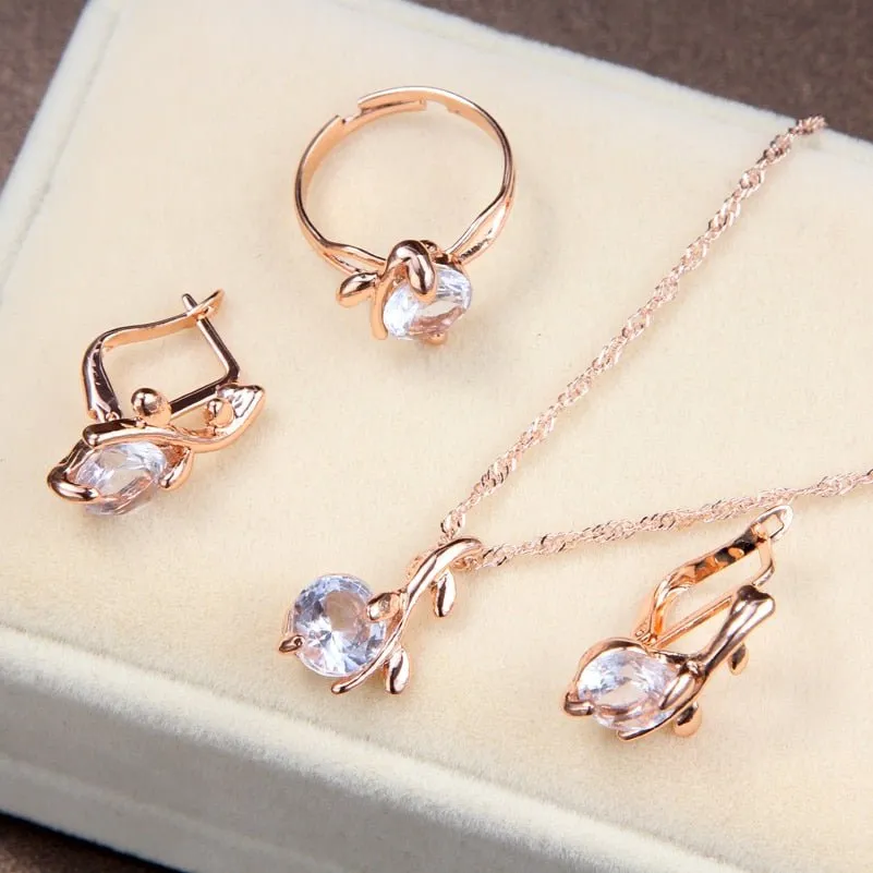 Princess Zircon Bridal Jewelry Set Women's Pendants Necklaces Gold Earrings