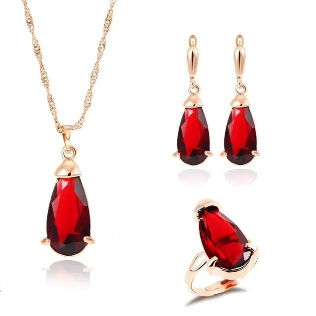 Princess Zircon Bridal Jewelry Set Women's Pendants Necklaces Gold Earrings