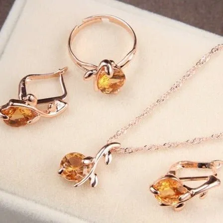Princess Zircon Bridal Jewelry Set Women's Pendants Necklaces Gold Earrings